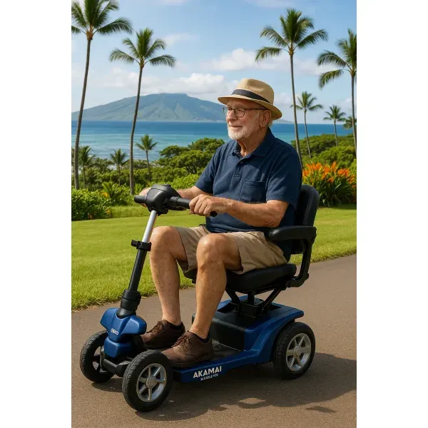 Senior man in a straw hat rides a blue lightweight Akamai Mobility scooter overlooking the ocean in Kailua-Kona, Big Island Hawaii.