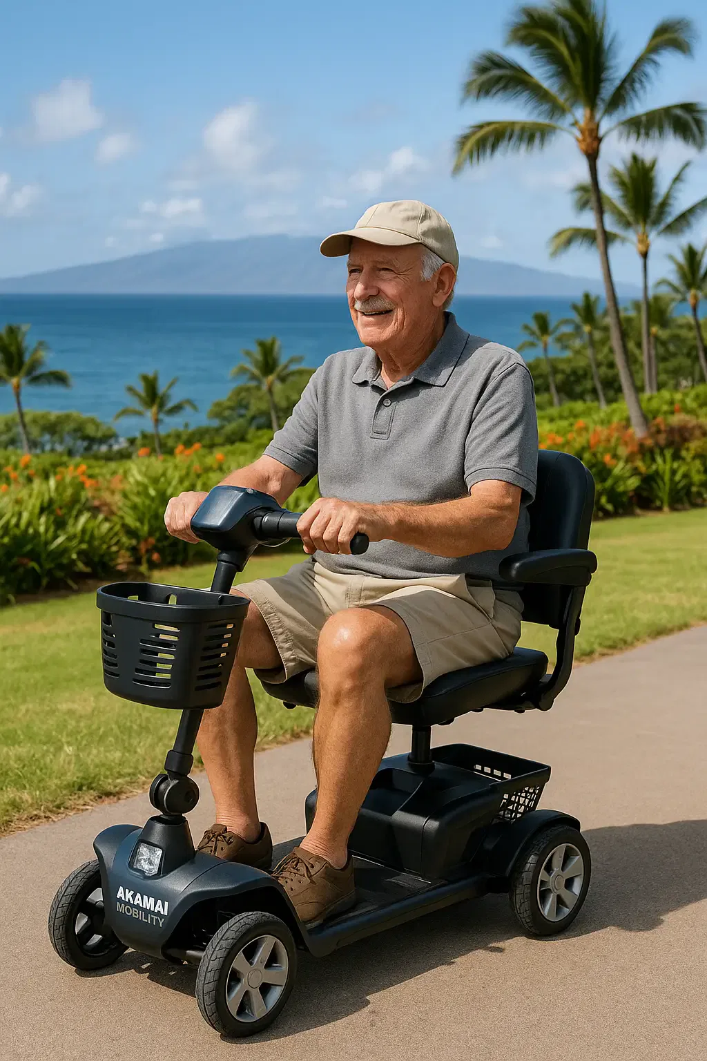 Older man wearing a baseball cap rides a black lightweight Akamai Mobility scooter with ocean and palm trees in the background in Waikoloa, Hawaii.