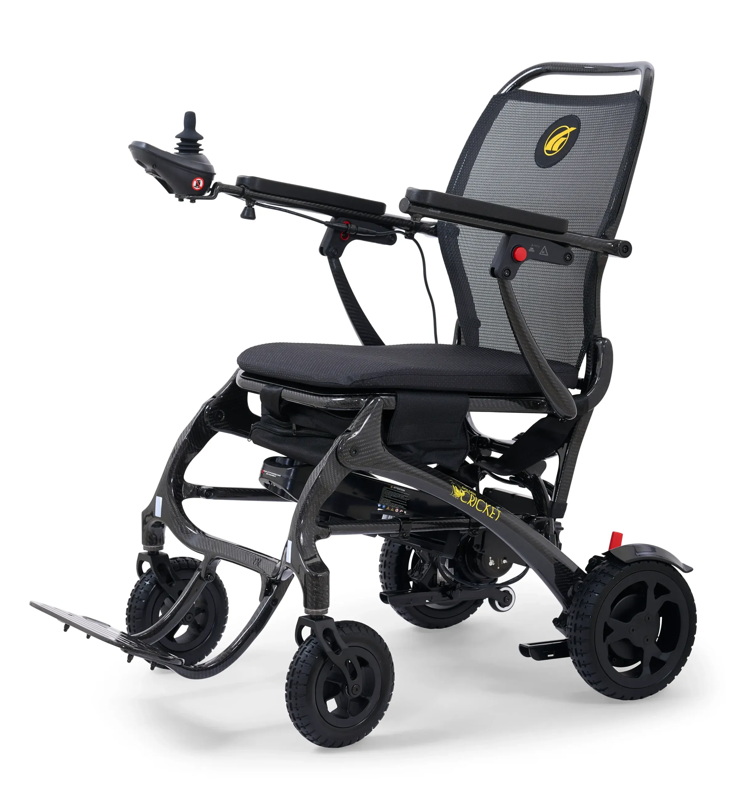 Electric wheelchair with joystick control and compact frame designed for indoor and paved outdoor mobility.