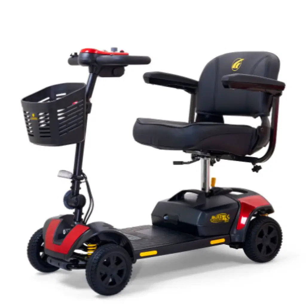 Golden BuzzAround 4-wheel mobility scooter with red accents, available for rental in Lahaina, Wailea, Kailua-Kona, Waikoloa, Waikiki, and Honolulu.