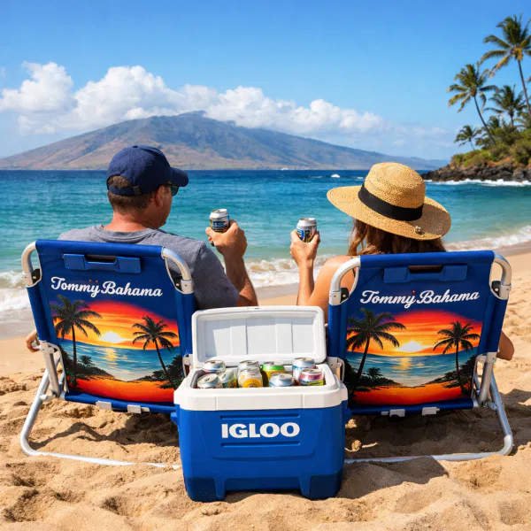 A couple sitting in blue Tommy Bahama beach chairs on a sunny Maui beach, enjoying cold drinks from an Igloo cooler. The turquoise ocean and a clear sky are in the background, representing a relaxed Hawaiian vacation.