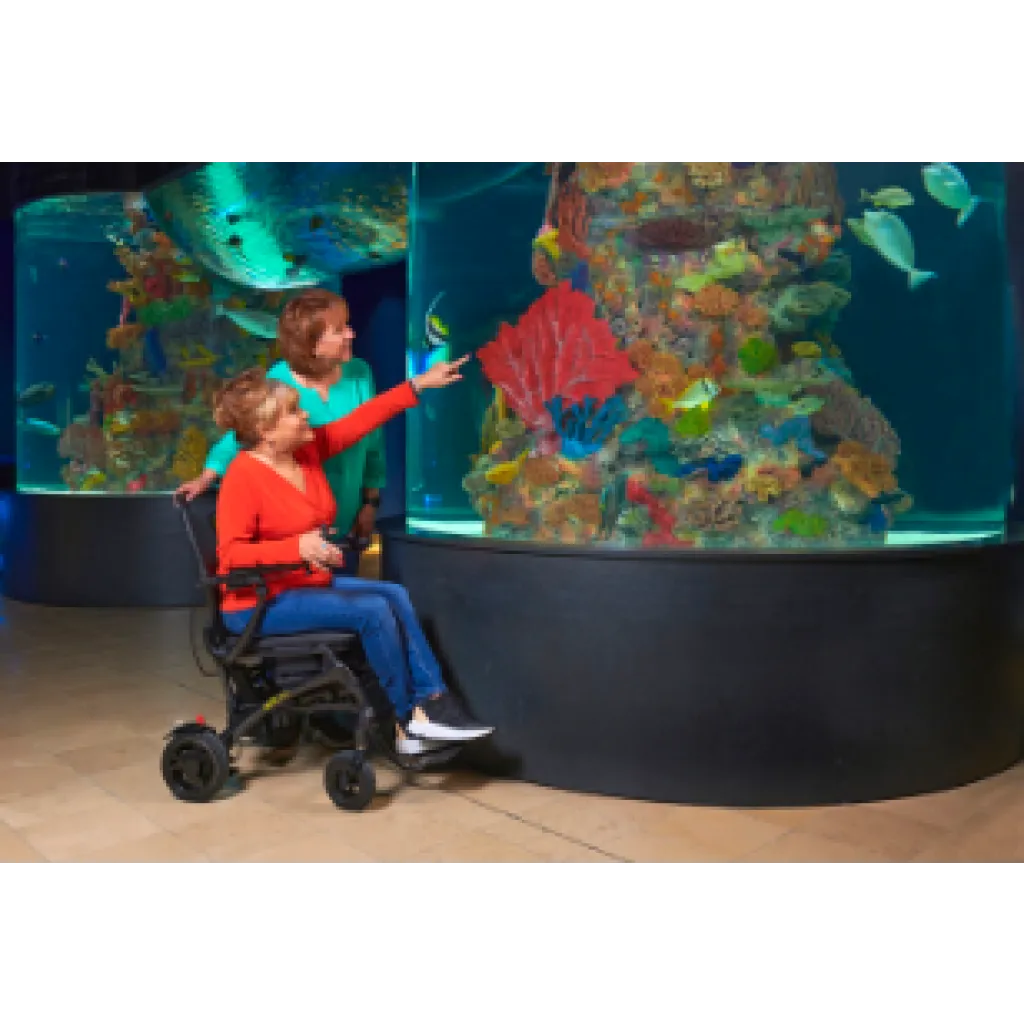 Woman in a Golden Technologies Cricket electric power wheelchair from Akamai Mobility enjoys an aquarium visit in Lahaina, Maui, pointing out colorful coral and tropical fish.