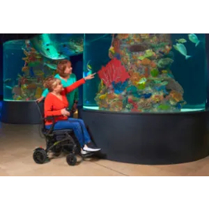 Woman in a Golden Technologies Cricket electric power wheelchair from Akamai Mobility enjoys an aquarium visit in Lahaina, Maui, pointing out colorful coral and tropical fish.