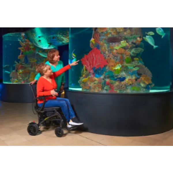 Woman in a Golden Technologies Cricket electric power wheelchair from Akamai Mobility enjoys an aquarium visit in Lahaina, Maui, pointing out colorful coral and tropical fish.
