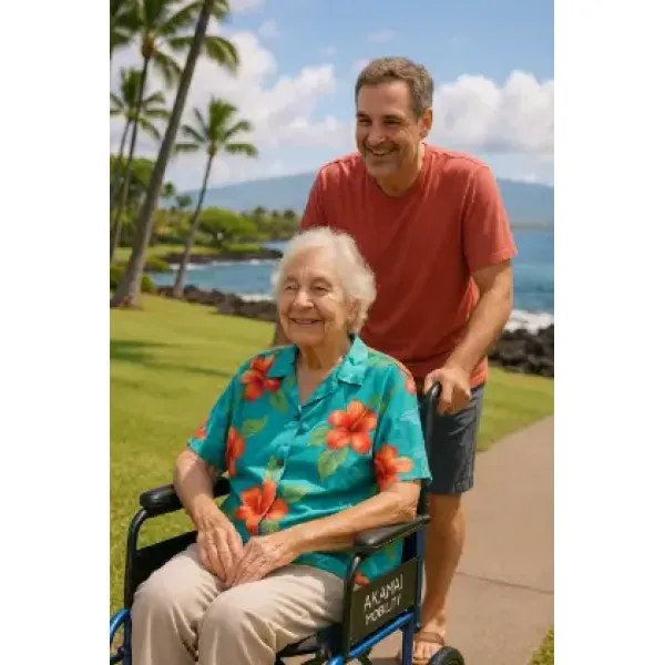 Elderly woman in a blue hibiscus shirt enjoying a scenic Waikoloa coastline ride in an Akamai Mobility transport companion wheelchair.