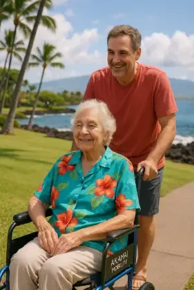 Elderly woman in a blue hibiscus shirt enjoying a scenic Waikoloa coastline ride in an Akamai Mobility transport companion wheelchair.