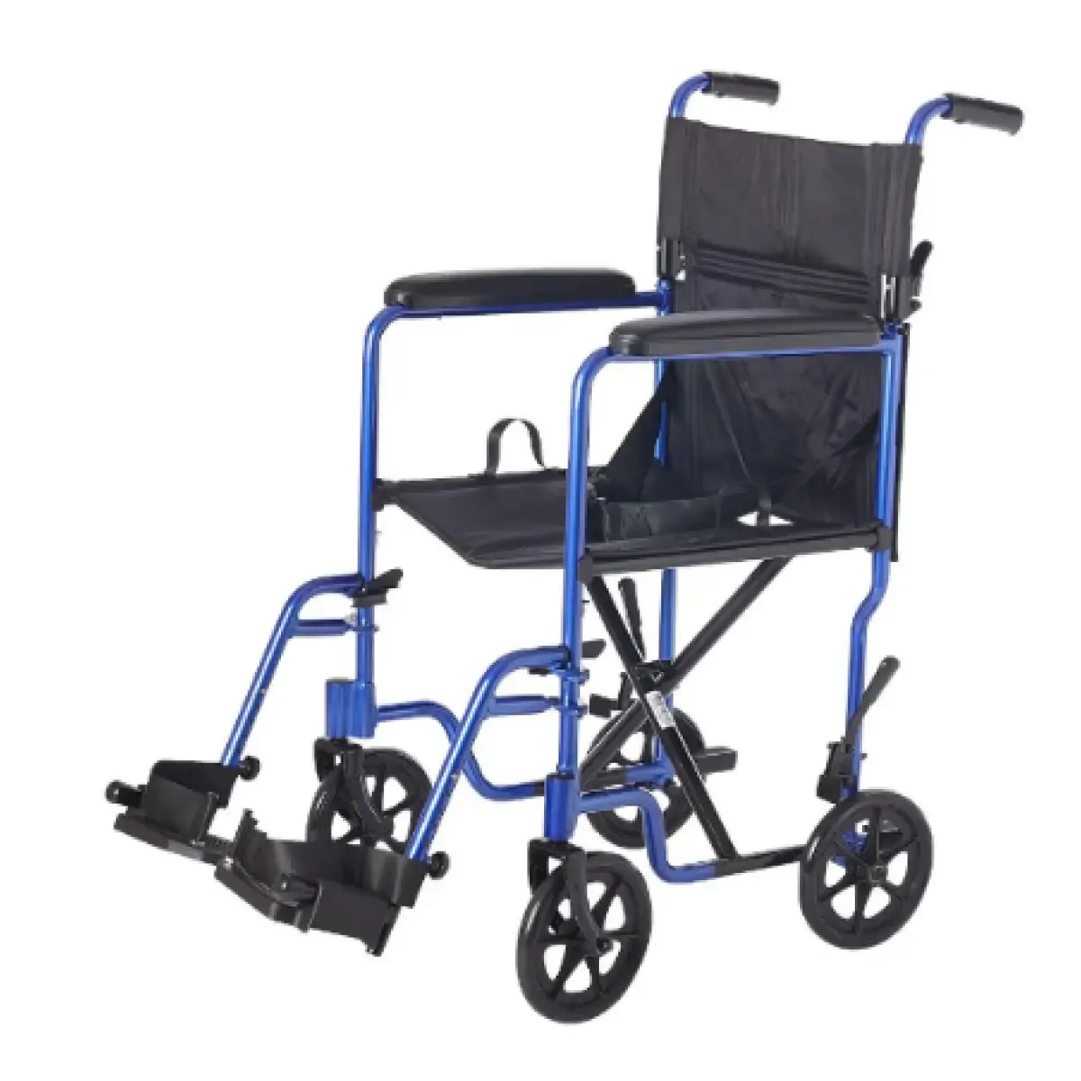 Standard transport chair with small rear wheels and lightweight frame, designed for caregiver-assisted mobility.