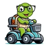 Akamai Mobility turtle mascot riding a mobility scooter – representing mobility rentals on Maui and the Big Island.