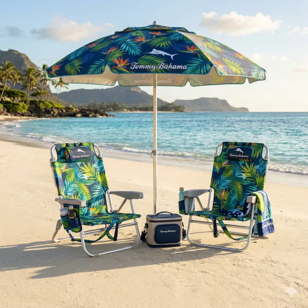 Two authentic blue Tommy Bahama backpack beach chairs with silver aluminum frames and a matching beach umbrella set up on a pristine white sand beach in Maui, Hawaii. The clear turquoise Pacific Ocean and palm trees are in the background, with no extra gear or structures visible.